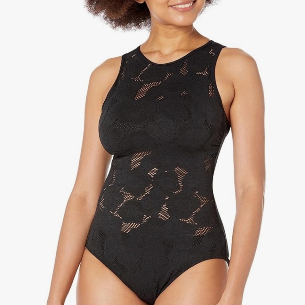 Profile By Gottex Late Bloomer High Neck One Piece In Black Lace Size 6